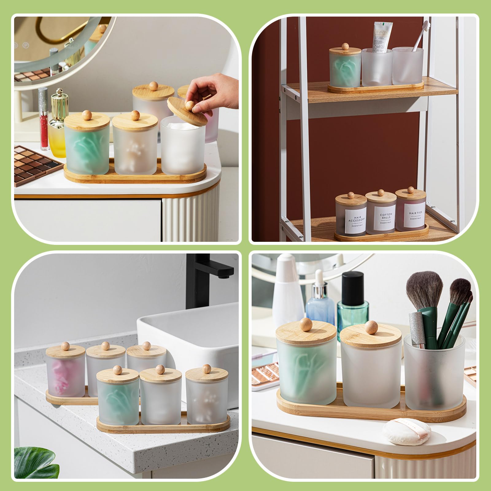 Chengu Wattestäbchenhalter mit Bambusdeckeln und Ablagen und Etiketten, Glas, rund, Wattestäbchenhalter, Glas, Apothekergläser, Zahnseide-Pick-Behälter, Badezimmer-Organizer, Weiß, 6 Stück