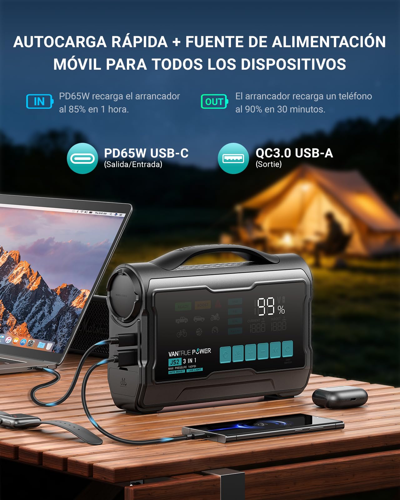 JS2 Arrancador, 16000mAh, 160 PSI Compresor, 65W, 59,2Wh Inflador con compart. boquillas y máx. Velocidad de inflado, indicador LED –para Gasolina 8L/diésel 7L, Incl. LED y Cables