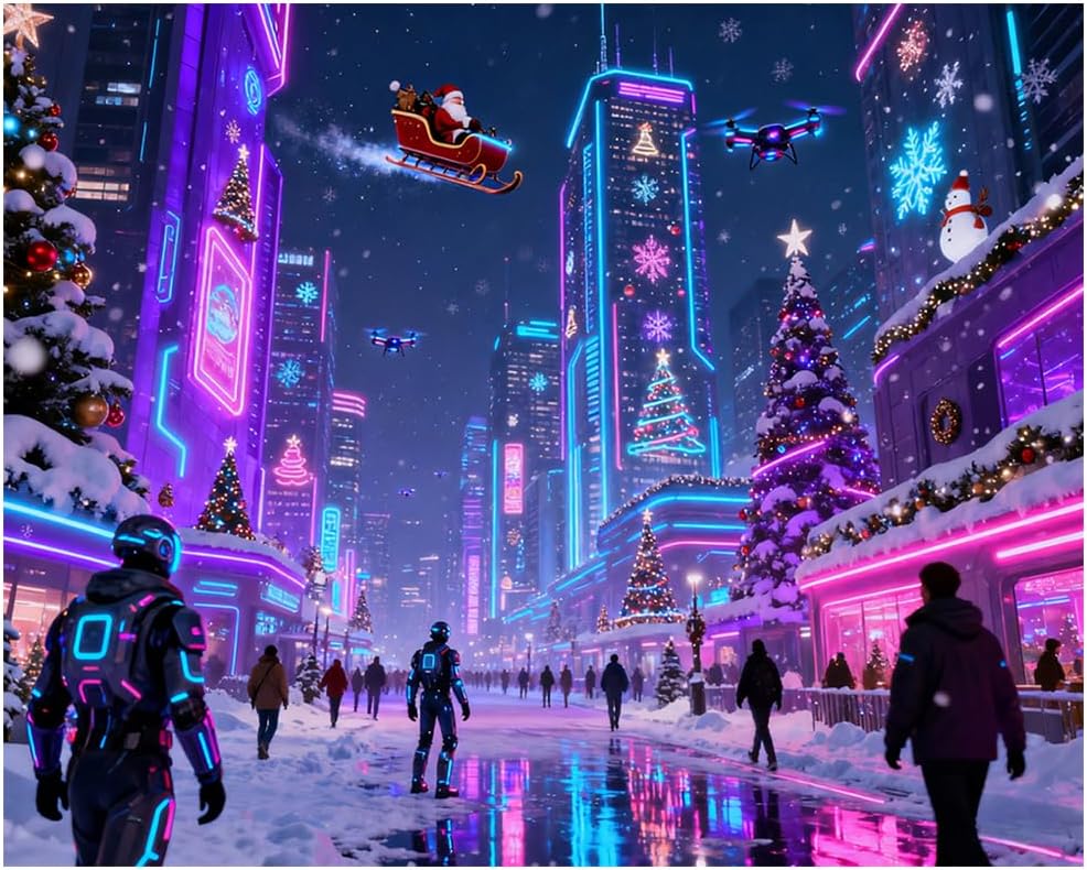 EnLvYY Cyberpunk Christmas Paint by Numbers for Adults, DIY Acrylic Painting Kit for Beginners, Futuristic City Neon Lights Winter Scene Wall Art, Gift for Teens and Adults,8X12IN Framed