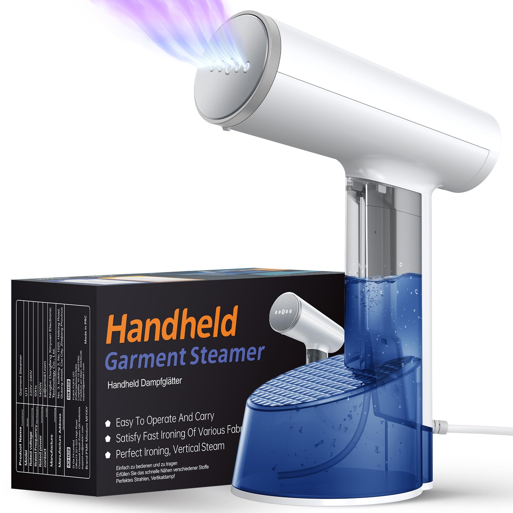 FMK Steamer Dampfglätter Reise - 1500W, Reisebügeleisen mini für Kleidung, 325ML Wassertank, Konstante Dampfleistung 25 g/min, Dampfbürste Faltenentferner für Zuhause, Büro, Reisen, Weiß