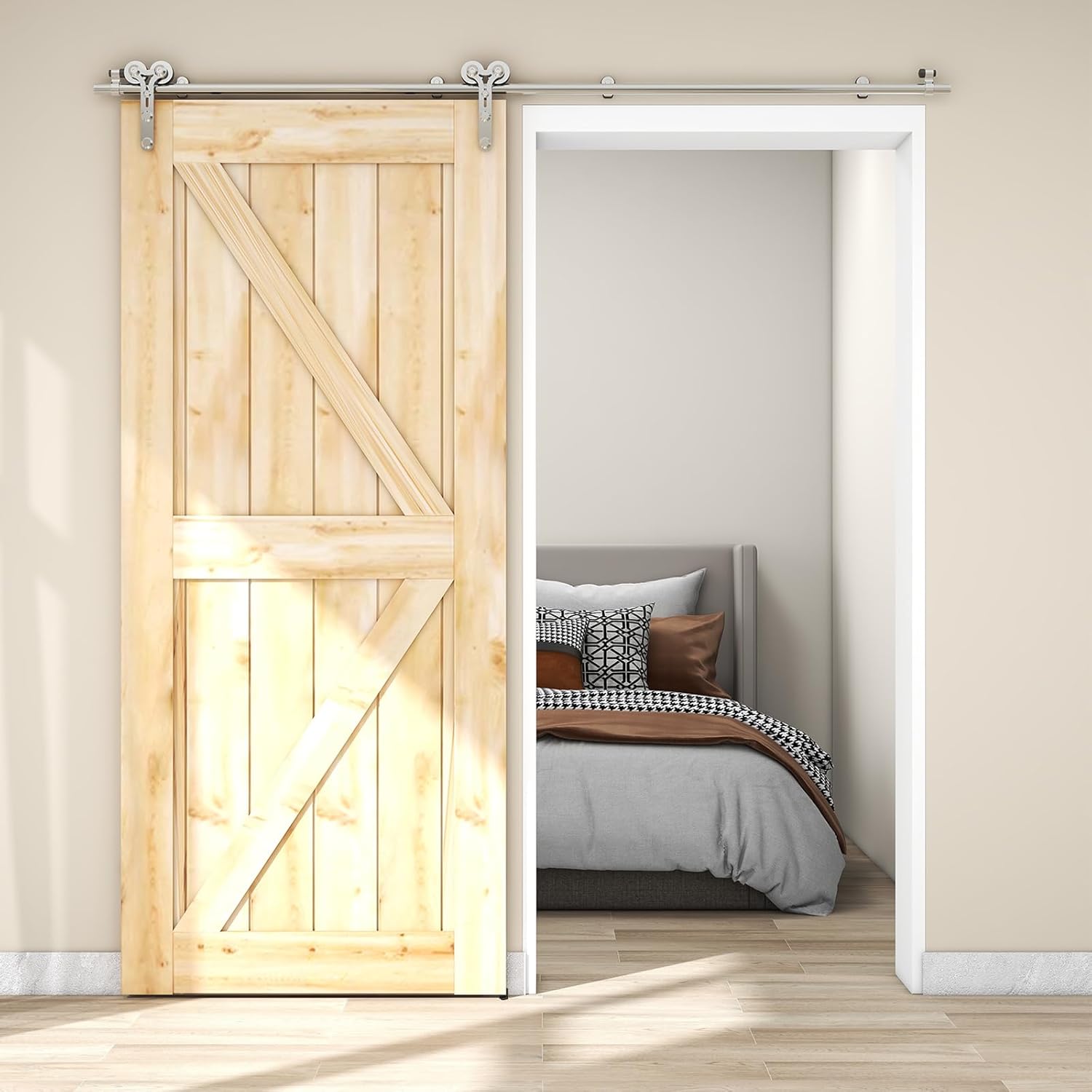 CCJH 7FT Barn Door Hardware Sliding Track Kit Stainless Steel Heavy Duty for Single Wood Door (Y Shape Hanger)
