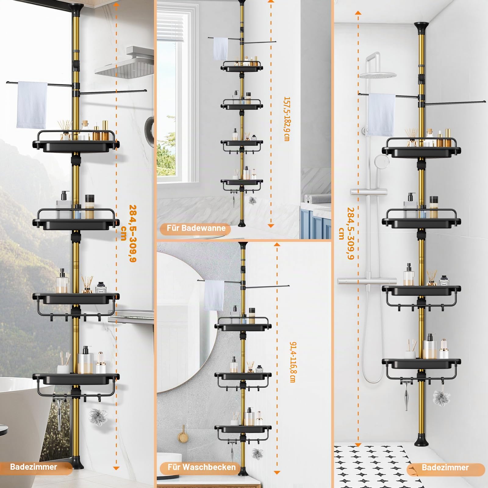 Upgrade Stabiler Dusch-Caddy mit Spannstange, Schwarz und Gold, Eck-Dusch-Caddy 18/8 Edelstahl, rostfrei, 4 Etagen, verstellbare Ablagen für Badewanne, Shampoo, Zubehör, Aufbewahrungsregal,