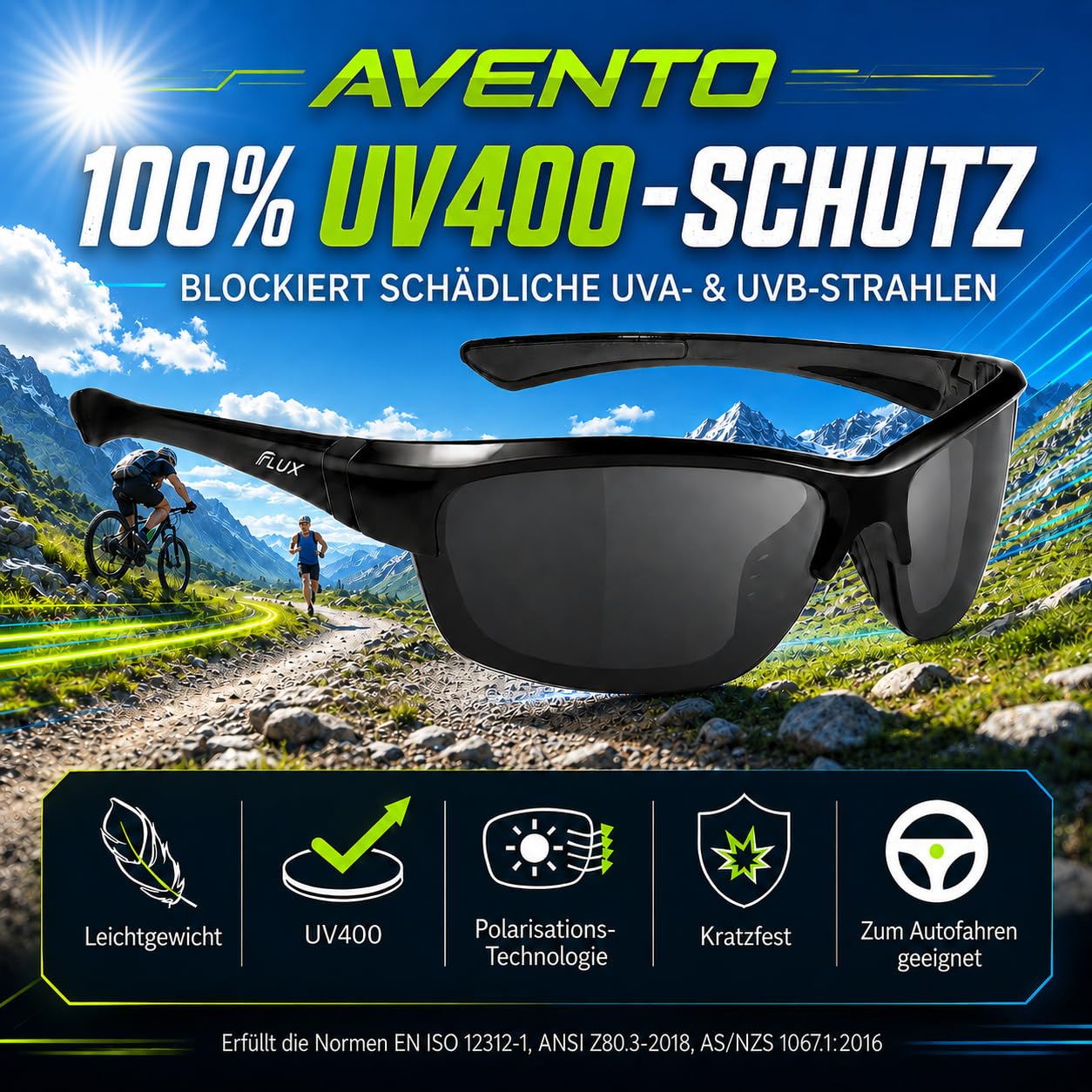ICECUBE Avento Polarisierte Sport-Sonnenbrille für Herren und Damen, UV400-Schutz, rutschfester Sitz und leichter Rahmen, ideal zum Autofahren und Laufen