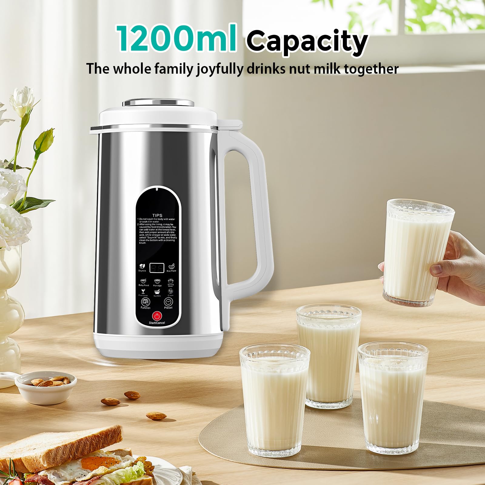 Macchina per Latte Vegetale 1200ml, Macchina Latte di Soia con Autopulente, 8 in 1 Multifunzionale Macchina per Latte di Noci con Funzione Prenotazione Per Soia, Noci, Avena