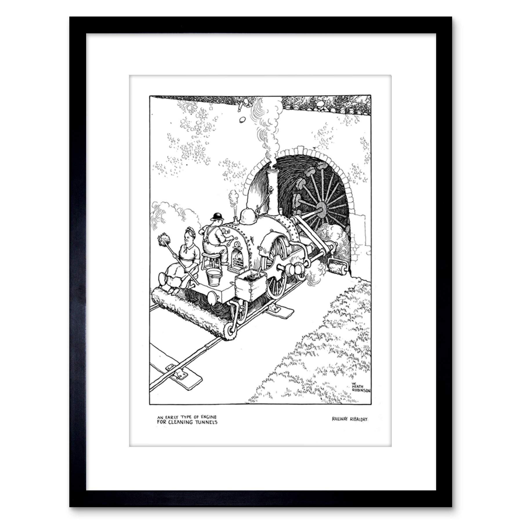 Wee Blue Coo EARLY TYPE ENGINE FOR CLEANING TUNNELS HEATH ROBINSON FRAMED ART PRINT F97X10285
