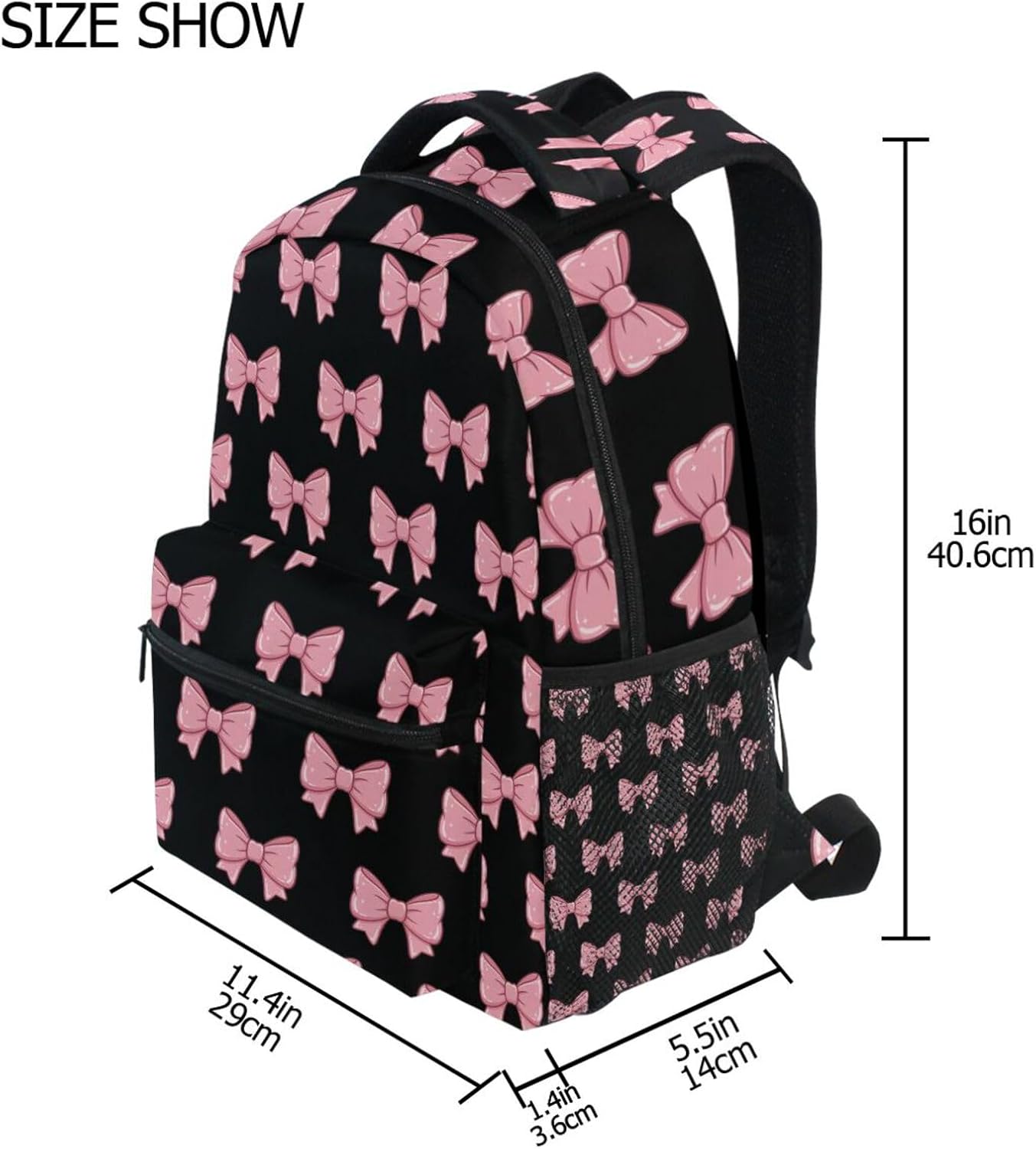 Pink Black Bows School Backpack Bookbags, Athletic Student Laptop Book Bag,Backpack with Side Pockets for Travel, Hiking, Camping