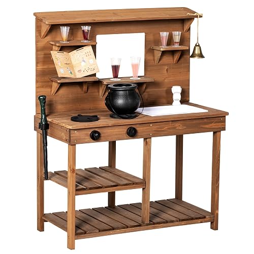 BRINJOY Mud Kitchen Playset for Kids, Wooden Magic Kitchen Set w/Wand, Recipe, Removable Sink, Faucet, Stove, Toddler Outdoor Pretend Play Kitchen, Witch Role Play, Fairy Potion, Gift for Boys Girls