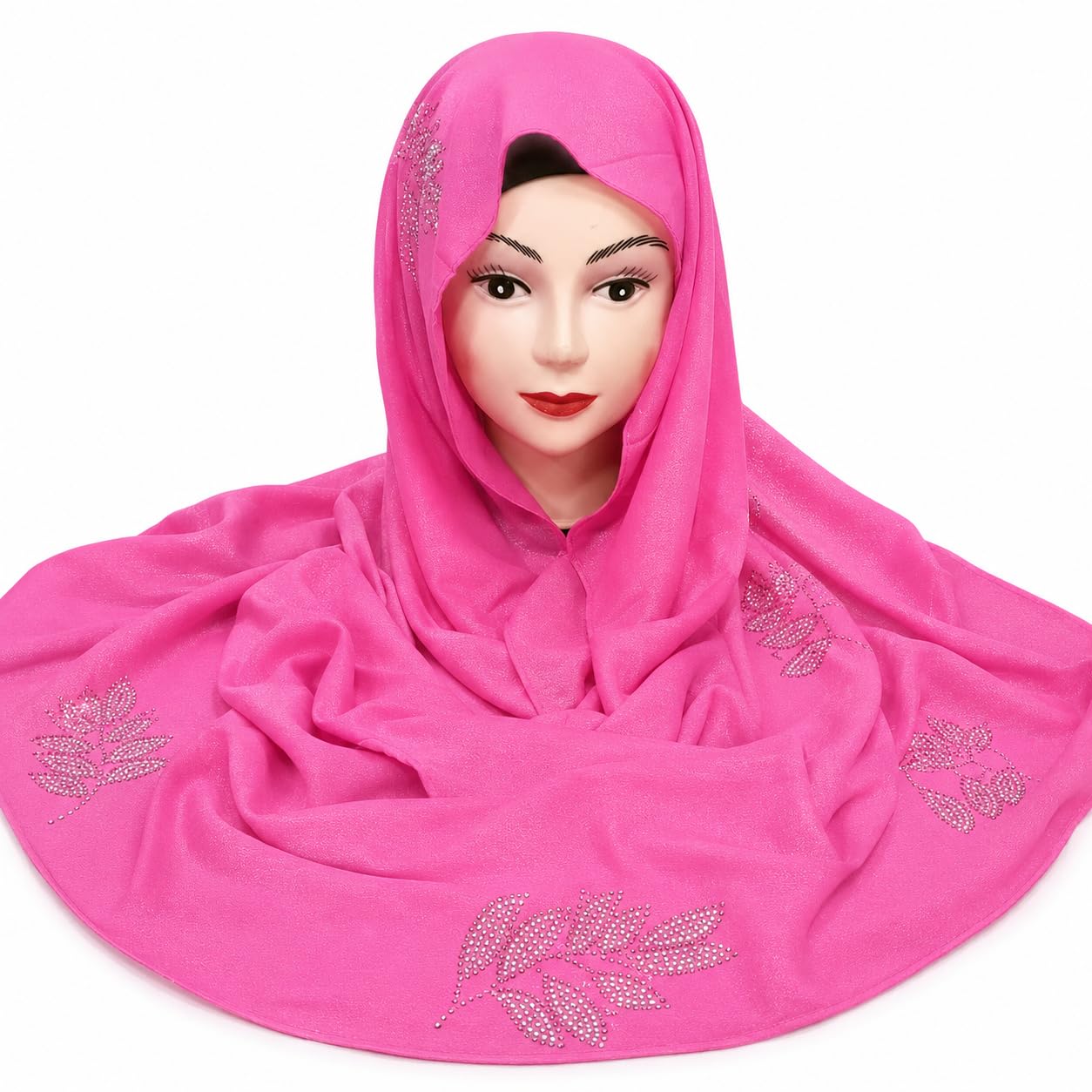 Chiffon Hijab Scarf Shawl with Rhinestone Work Design, Hot Pink-image-18
