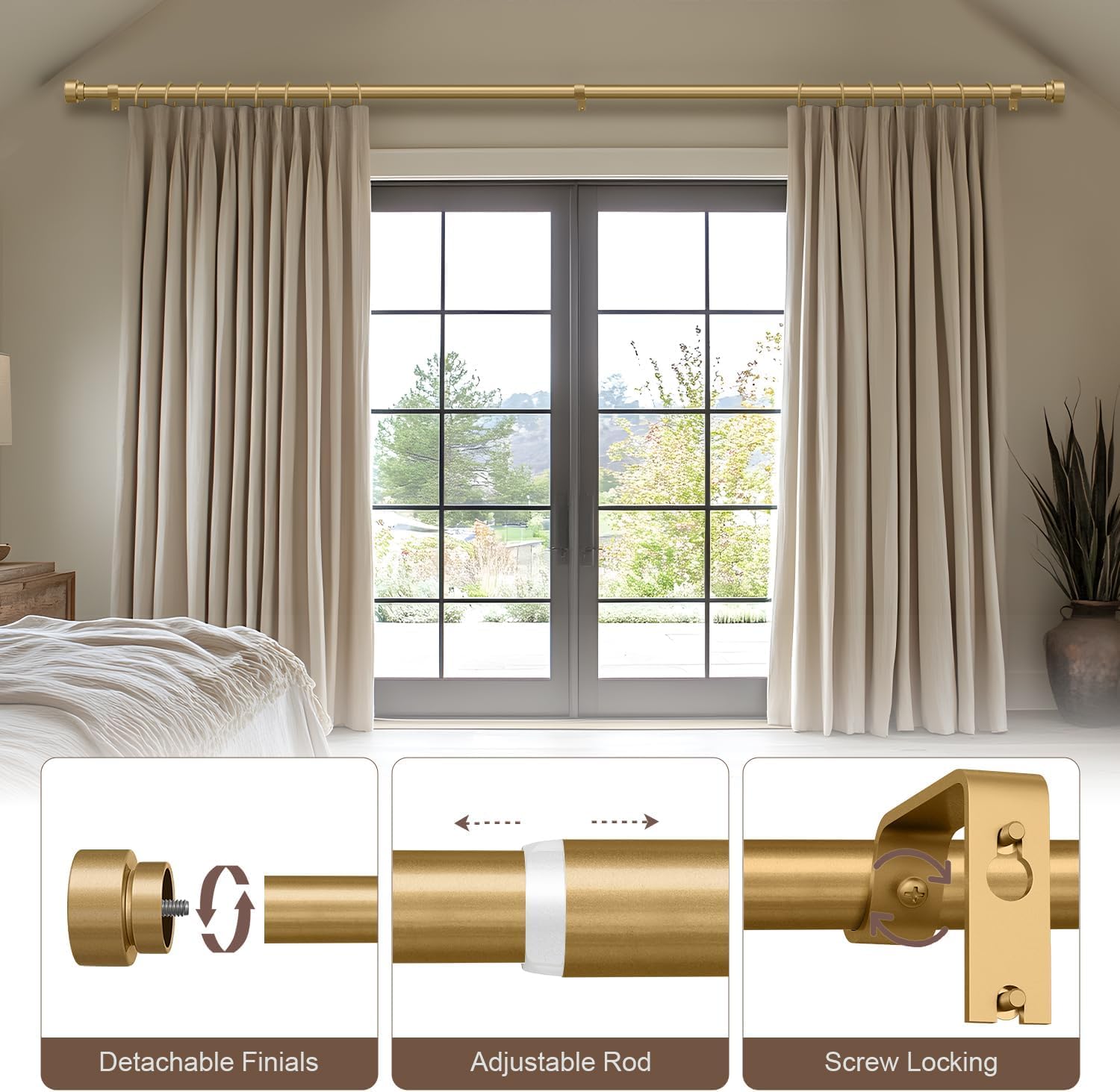Asta per Tende Oro 80-292cm, Asta per Tende Regolabile in Metallo Resistente con Staffe e Finiali, Asta per Tende Estensibile per Finestra per Esterno, Camera da Letto, Cucina, Soggiorno