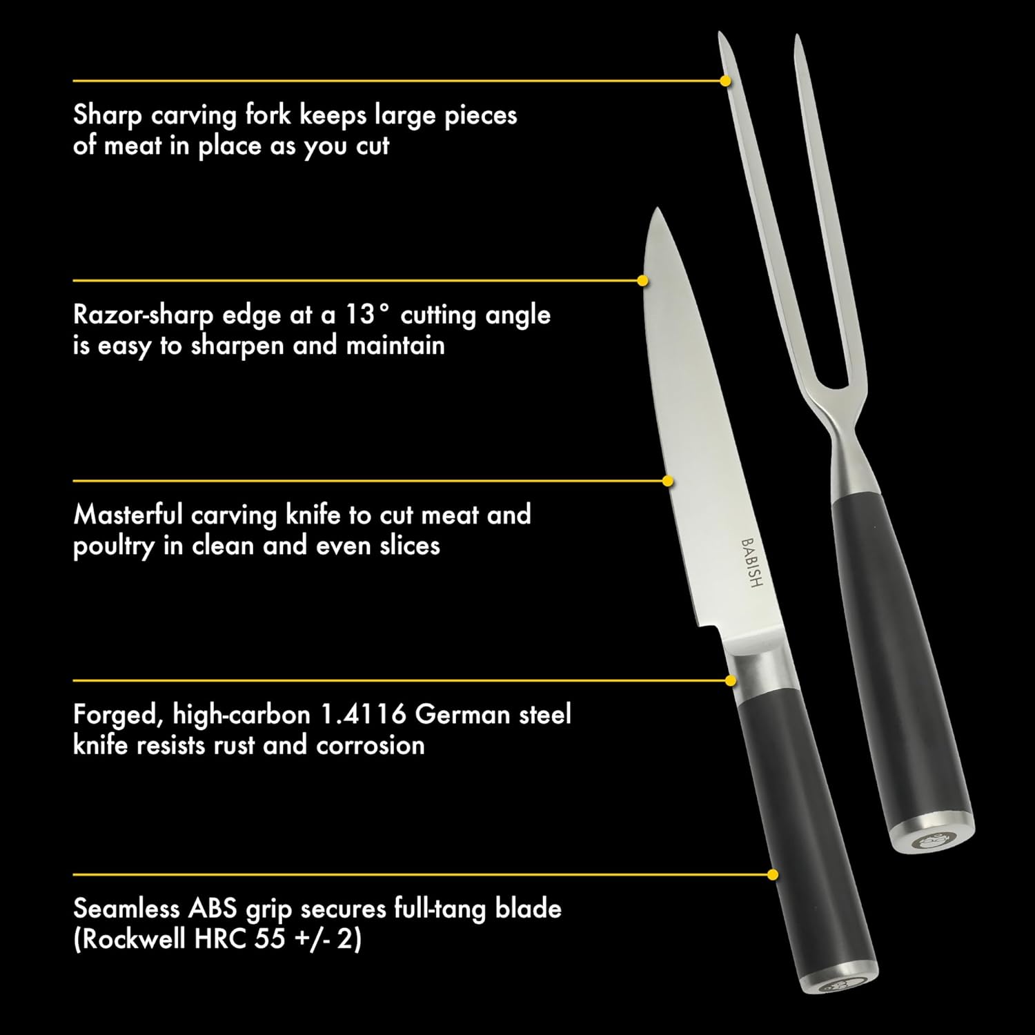 Babish 2-Piece Carving Knife and Fork Set – 8-Inch Stainless Steel Carving Knife with 6.5-Inch Fork – Precision Cutlery for Turkey, Roast, and Meat Carving – Ergonomic ABS Handles