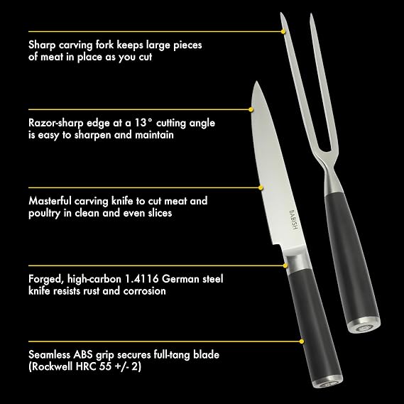 Babish 2-Piece Carving Knife and Fork Set 8-Inch Stainless Steel Carving Knife with 6.5-Inch Fork Precision Cutlery for Turkey, Roast, and Meat Carving Ergonomic ABS Handles