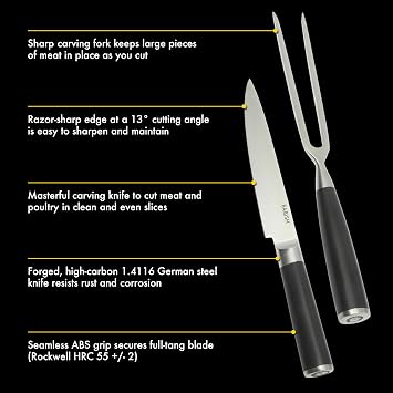 Babish 2-Piece Carving Knife and Fork Set 8-Inch Stainless Steel Carving Knife with 6.5-Inch Fork Precision Cutlery for Turkey, Roast, and Meat Carving Ergonomic ABS Handles