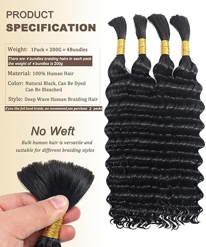 Miniatura 8 de Cabello humano a granel para trenzar, paquetes de cabello humano rizado 12A para mujeres negras, 16 pulgadas, onda profunda, sin trama, trenzas