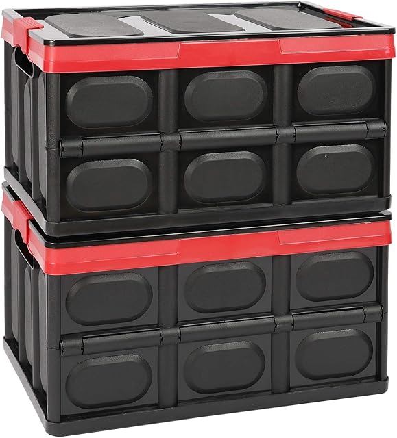 Tuevob 2 Pack Collapsible Storage Boxes Crates 30L Lidded Storage Bins Plastic Tote Storage Box Container Stackable Folding Utility Crate for Clothes, Toy, Books,Snack, Shoe Grocery Storage Bin-Black