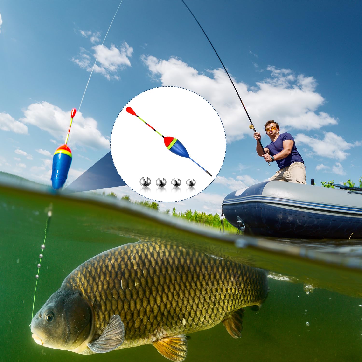 Fzyisw Angel Set - 10 Schwimmer, 54 Bleie, 6 Gummistopper, 20 Wirbel Komplettset