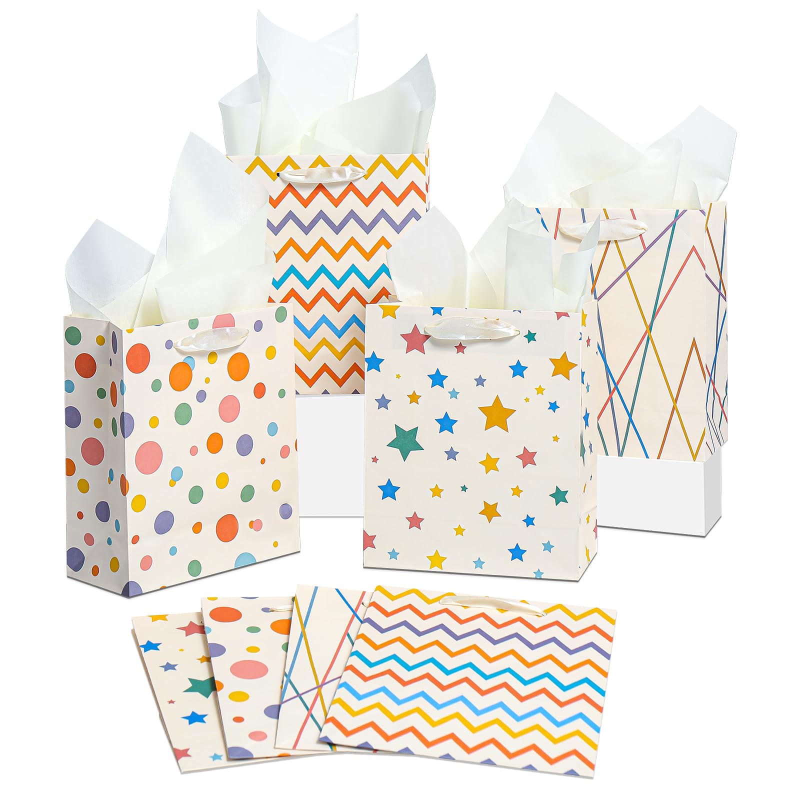 Colourful Paper Party Gift Bags with Handles,Paper Party Bags,Rainbow Sweet Bags for Kids,Sweet Bags for Kids Birthday Christmas Baby Shower Wedding (8 PCS, 9 x 7x 4 inch)