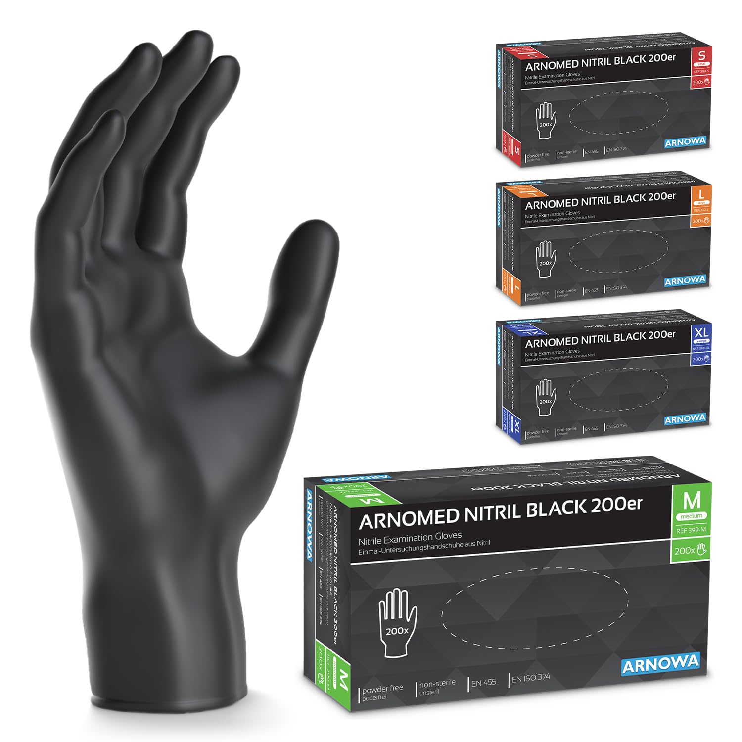 ARNOMED Guantes nitrilo M, 200 uds/caja, guantes nitrilo talla S, M, L o XL, guantes nitrilo negro, guantes de nitrilo sin polvo y látex, guantes negros nitrilo, guante nitrilo, guantes nitrilo negros