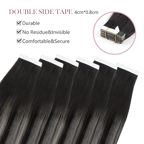Miniatura 4 de Sixstarhair Extensiones de cabello humano con cinta adhesiva, balayage, color negro a plateado, con cinta negra, 20 unidades, 1.76oz, extensiones de