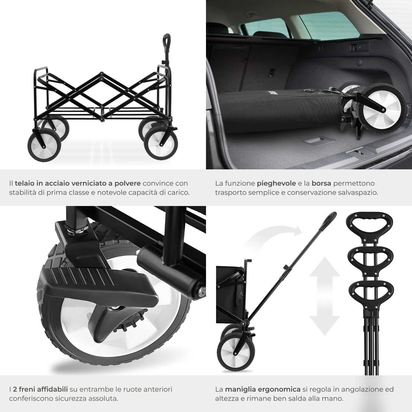 tectake® Carrello Pieghevole Leon, con Freni, Maniglia Telescopica, Carrello con Ruote Portatutto da Giardino, Carro Portaoggetti - Nero/Nero