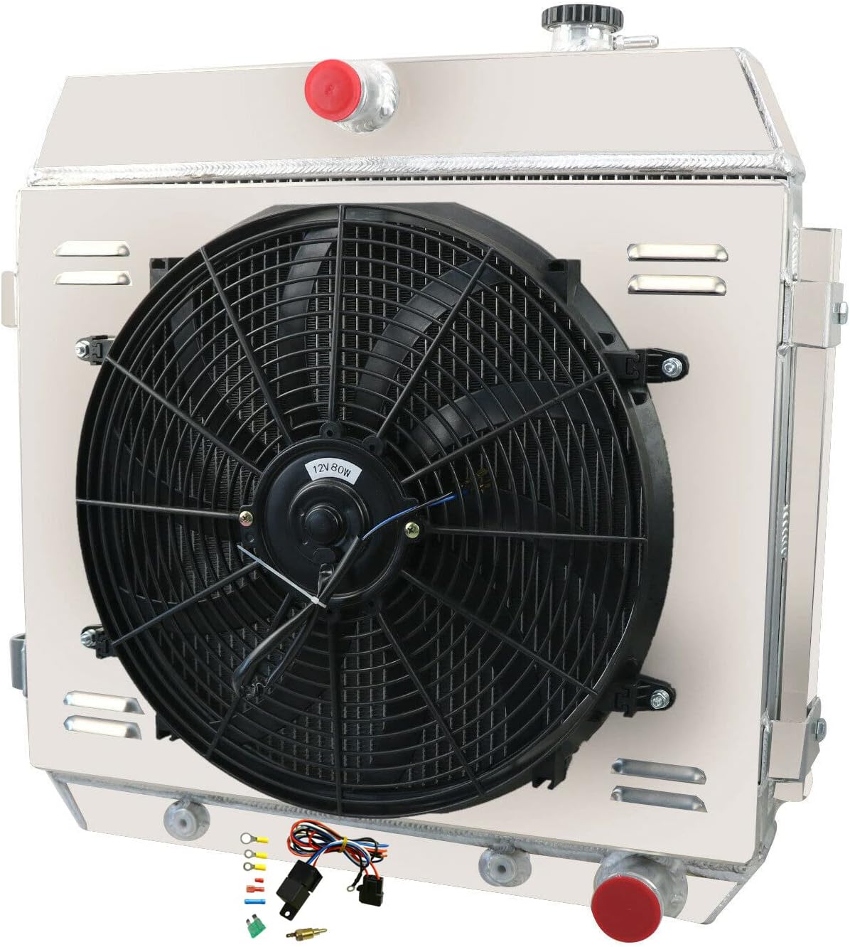 CU5057 3 Row Aluminum Radiator For Chevy Bel Air/One-Fifty Series/Two-Ten Series 1955-1957 55 56 57 Radiator + Shroud + Fan + Relay