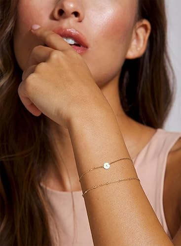 Miniatura 3 de Pulseras con Iniciales de Oro para Mujeres, Delicadas Pulseras de Cuentas en Capas Chapadas en Oro de 14K con Inicial de Letra Pulsera de Inicial