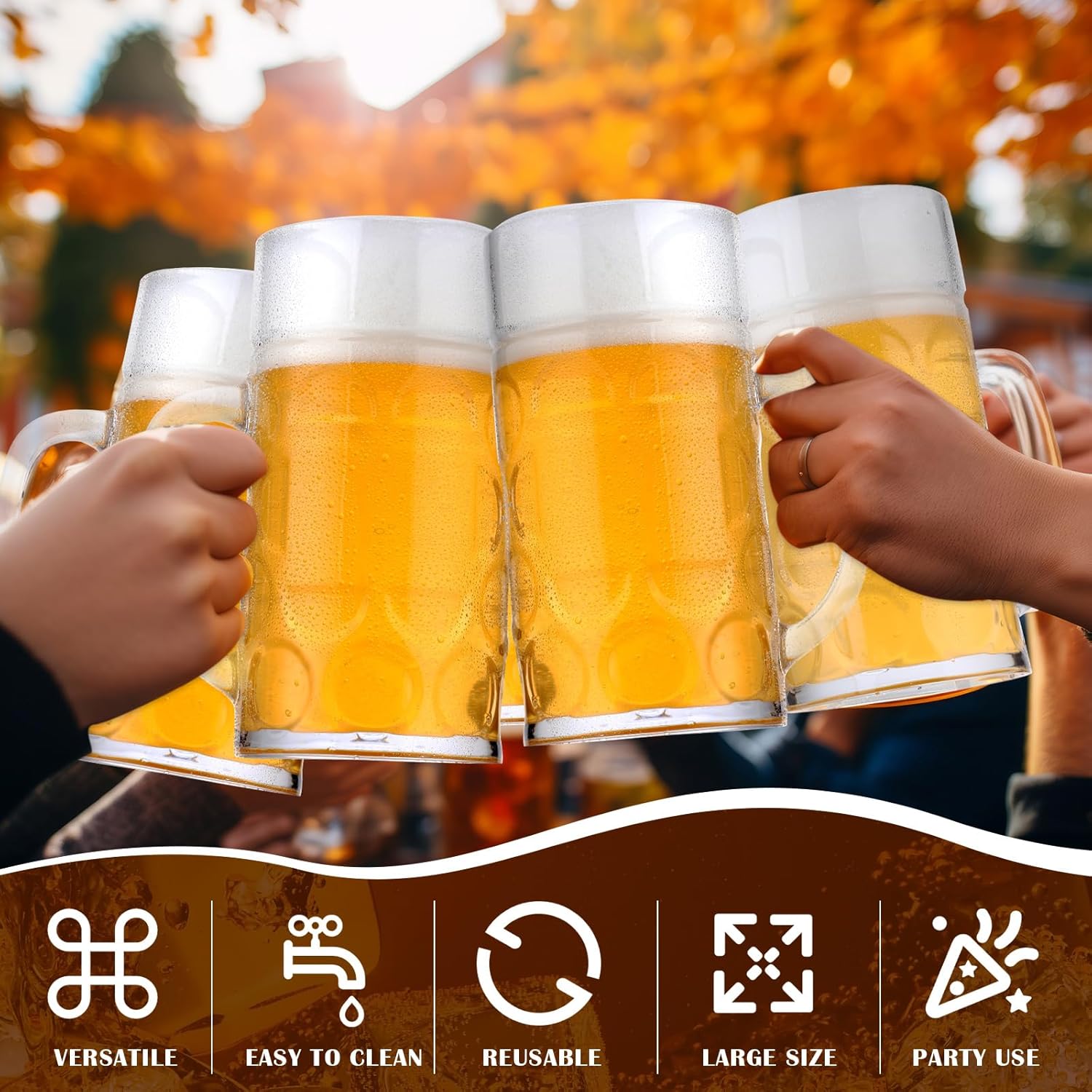 Suclain 10 Pcs Clear Plastic Beer Mugs with Handles,34 oz Large Dimpled Reusable Cups Classic Plastic Coffee Mugs for Beer, Whiskey, Juice, Coffee, Tea & Cocktail