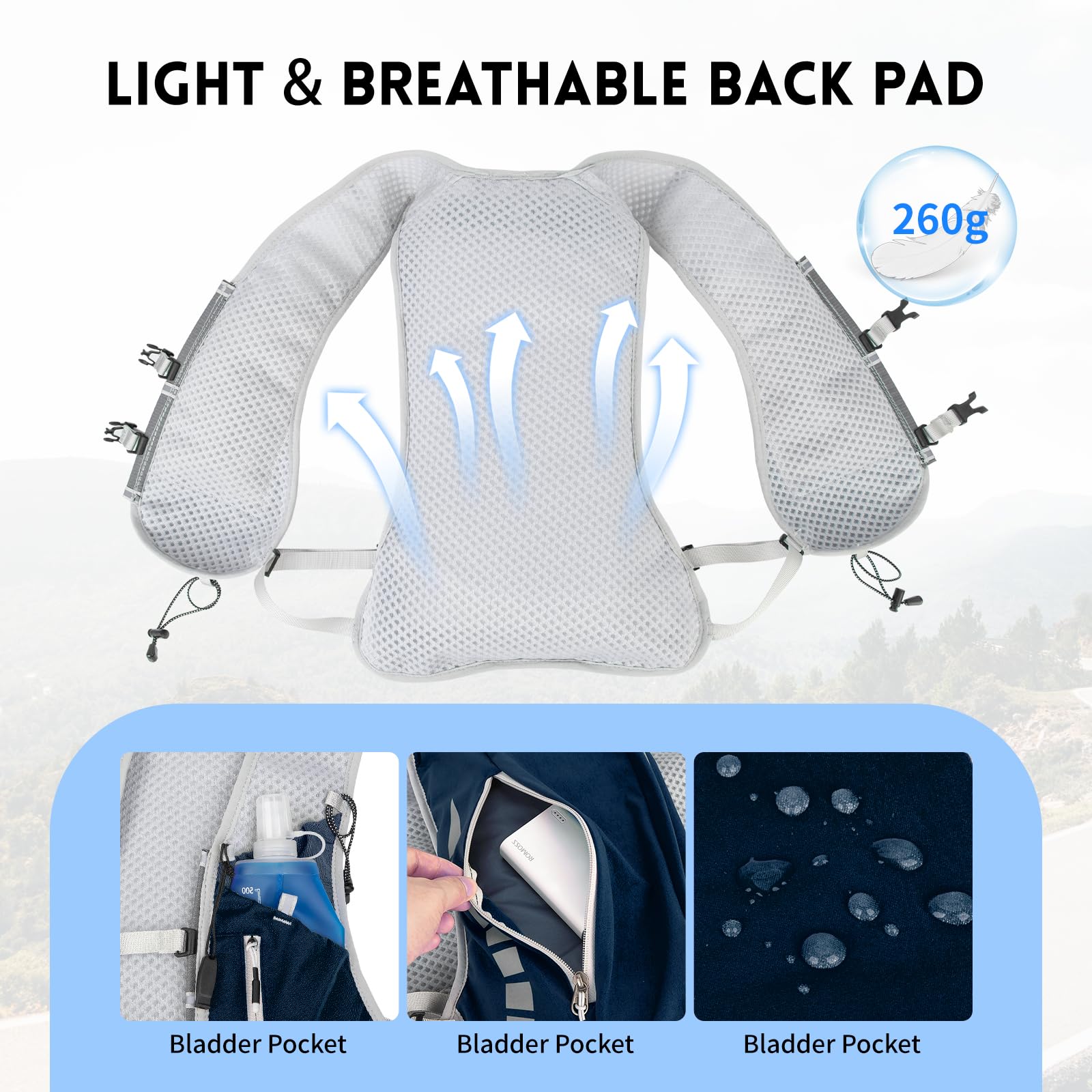 Expansea Zaino da Corsa 7L, Super Leggero Zaino Uomo & Donna, Tasche Multiple, Running Vest With Borraccia Morbida 500ml per Ciclismo, Maratona,Corsa, Arrampicata e Altri Sport All'Aria Aperta