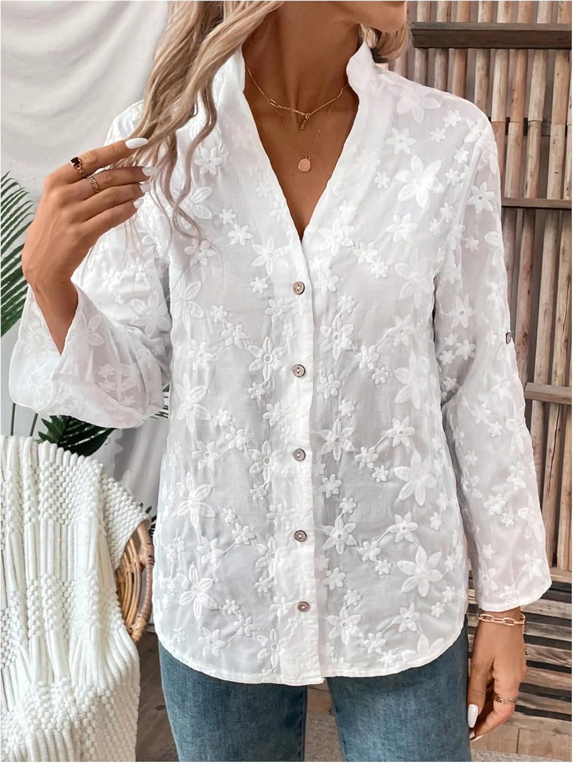 GORGLITTER Women's Boho Peasant Tops Floral Embroidered Long Sleeve Linen Shirts Button Down Collared Blouses Dressy Casual - Image 4