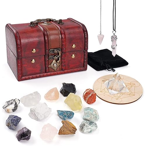 19 PCS Healing Crystal Stone Kit,14 Gemstones Chakra Stones,Quartz Pendulum,Pink Crystal Necklace,Crystal Grid Kit with Wooden Box,Meditation,Witchcraft,Yoga, Zen,Balance