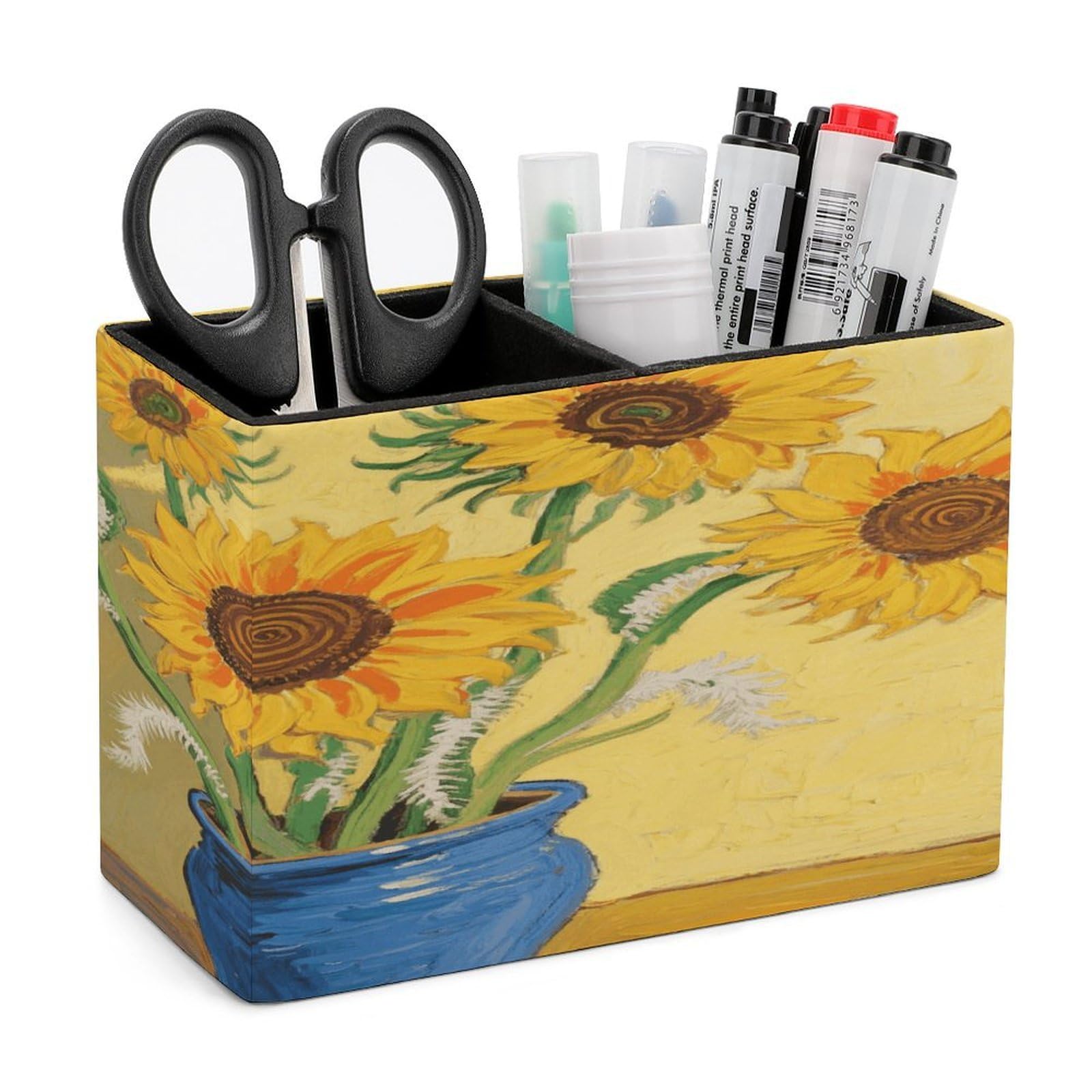 VstaDank Sunflower Pencil Holder for Desk Organizer 2 Compartments Pen Cup Leather Square Pen Holder Pencil Cup Stand Makeup Brush Holders for Desktop Organizer Storage Case