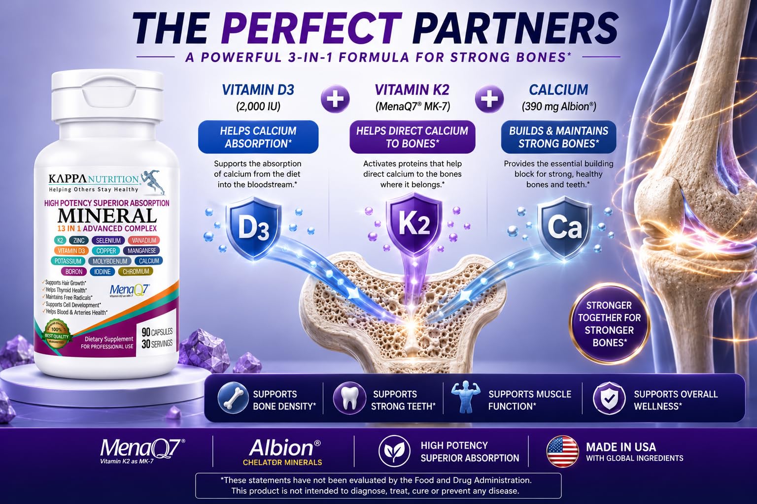 KAPPA NUTRITION Mineral 13 in 1 Advanced Complex with Albion® Chelated Minerals & MenaQ7® MK-7 Vitamin K2 | Calcium, Zinc, Selenium, Chromium, Iodine & Trace Minerals | 90 Vegan Capsules — Amazon image 3