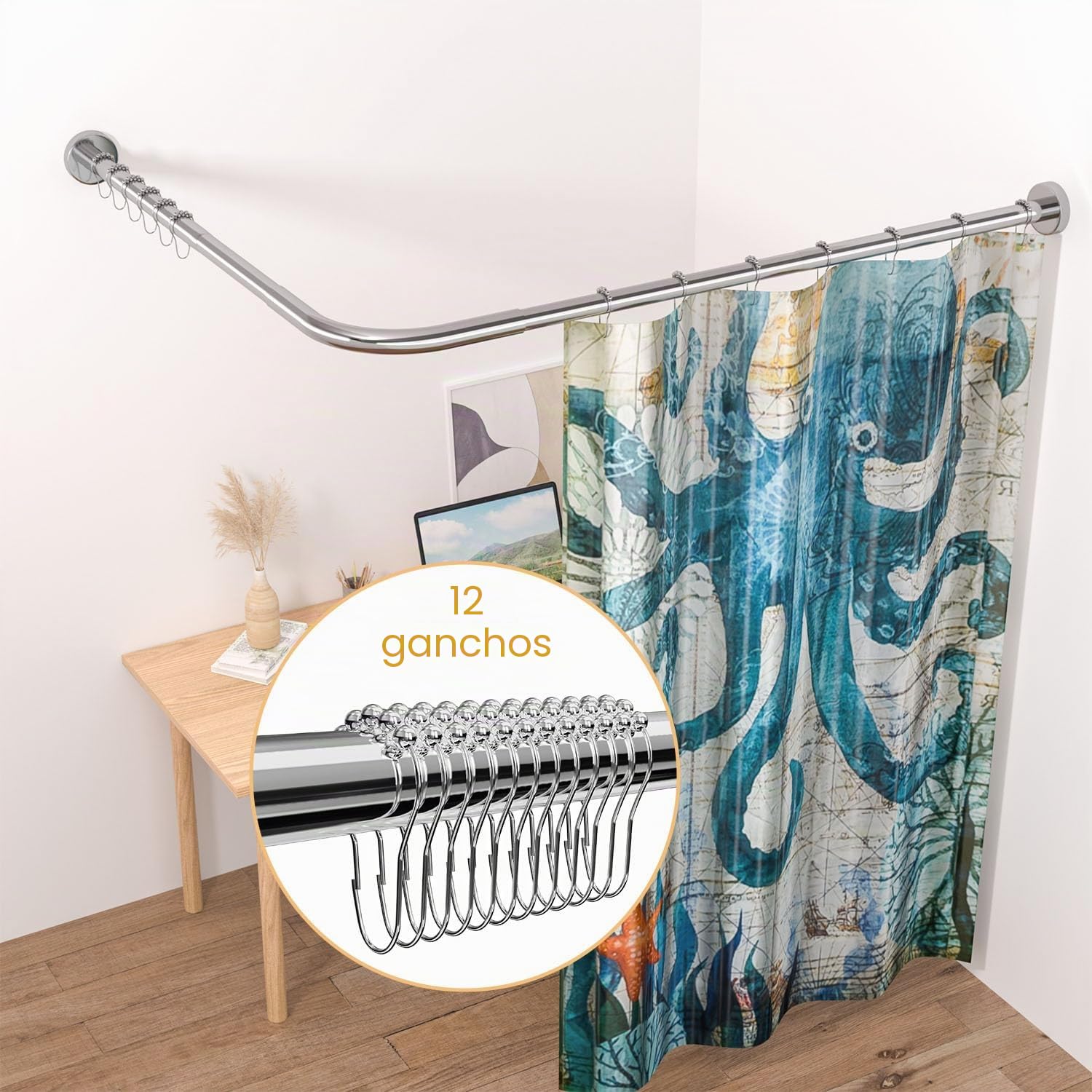 Barra de cortina de ducha extensible de acero inoxidable 304 en forma de L (60-92 cm x 60-92 cm), instalación sin agujeros, para baño, tienda de ropa, sala privada