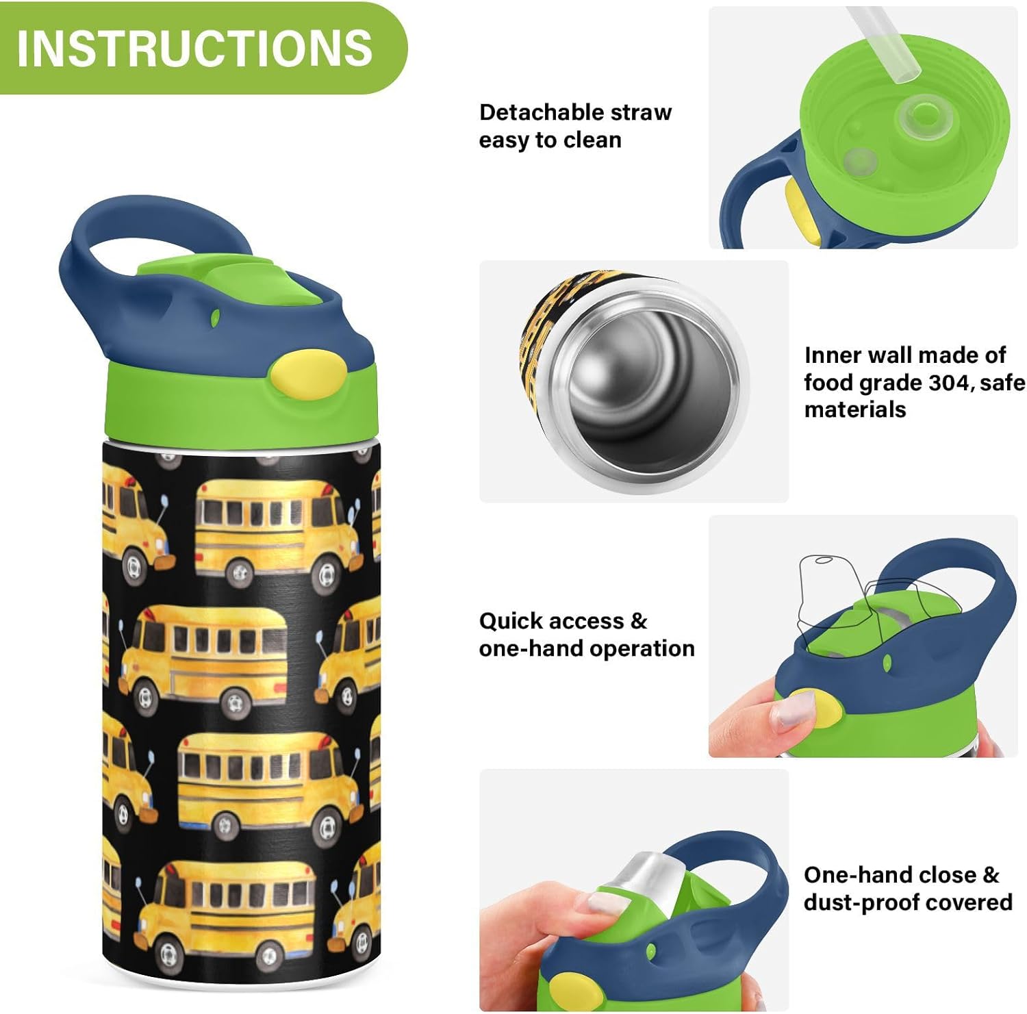 Wfrish School Bus Kids Water Bottle with Silicone Straw and Carry Handle Truck Vacuum Insulated Stainless Steel Bottles Leak-Proof Leakproof Flask Tumbler for Girls Boys Toddlers 12 oz Green Lid - Image 5