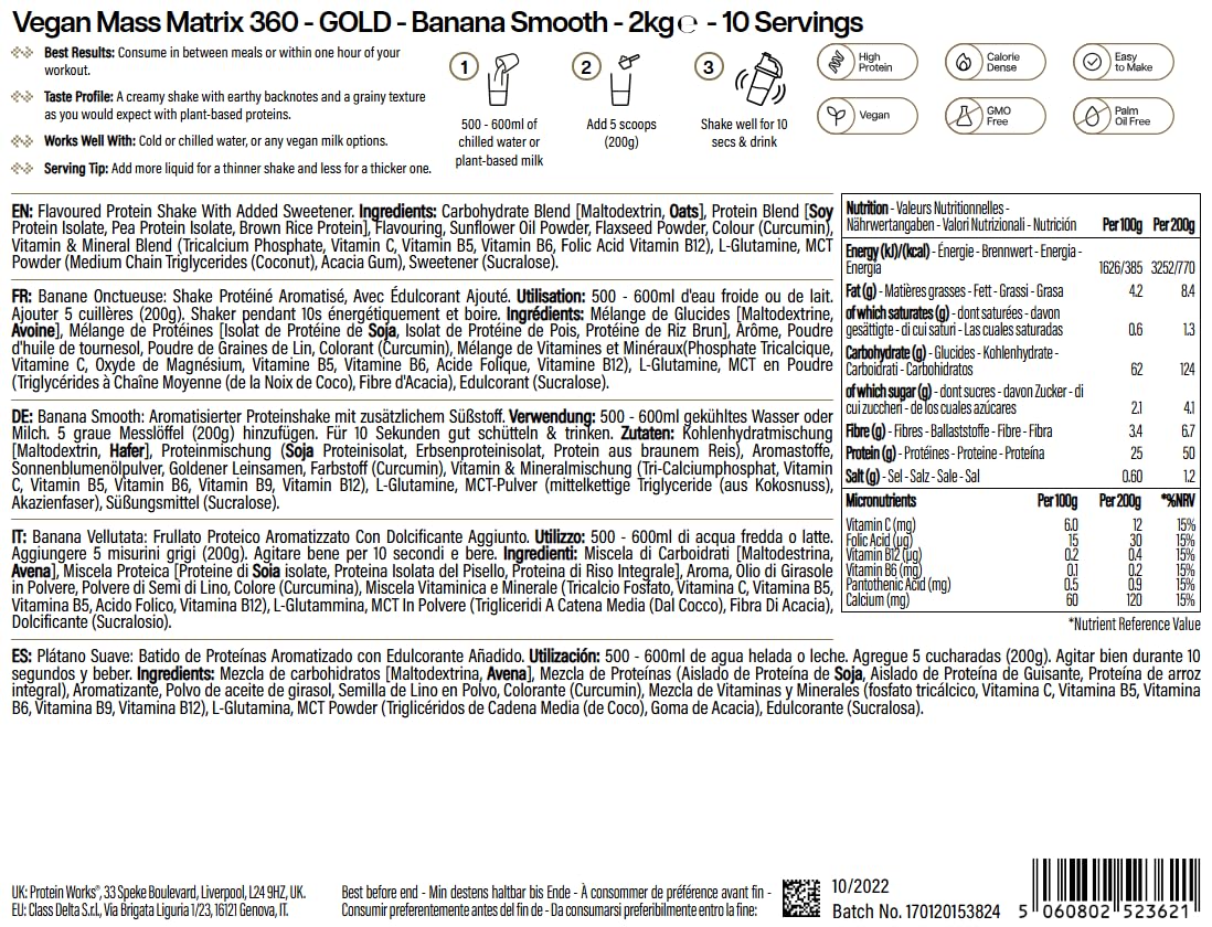 Protein Works | Vegan Mass Matrix 360 – GOLD Innovation, Mass Gainer Vegan, Integratore Aumento Peso, Tri-Protein, Aminoacidi, Shake Post-Workout, Banana Vellutata, 10 Porzioni, 2kg