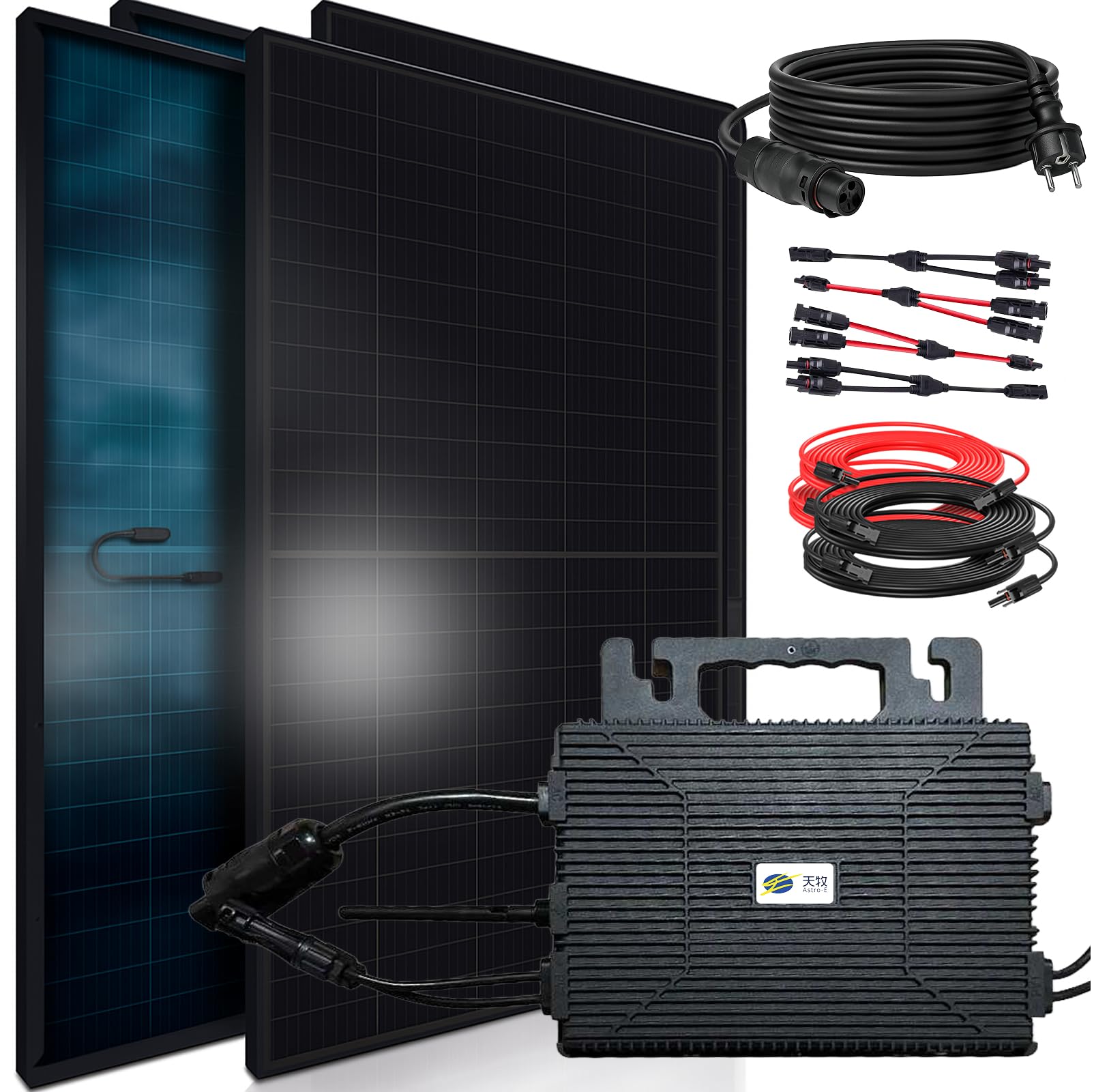 SUNNIVA 1840W Balkonkraftwerk BIFAZIAL FULLBLACK komplett Steckdose ASTRO-E 800W Wechselrichter, PV Solaranlage, 4x 460W Glas-Glas Solarmodule, inkl. 5m Kabel, Bluetooth WIFI, Komplettset