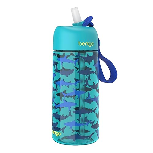 Bentgo Kids Water Bottle - Leak-Proof, Durable Tritan, BPA-Free 15 oz. Cup for Kids/Toddlers Ages 3+, Bite & Sip Spout, Carrying Handle, & Dishwasher Safe for School, Sports, Daycare & Camp (Sharks)