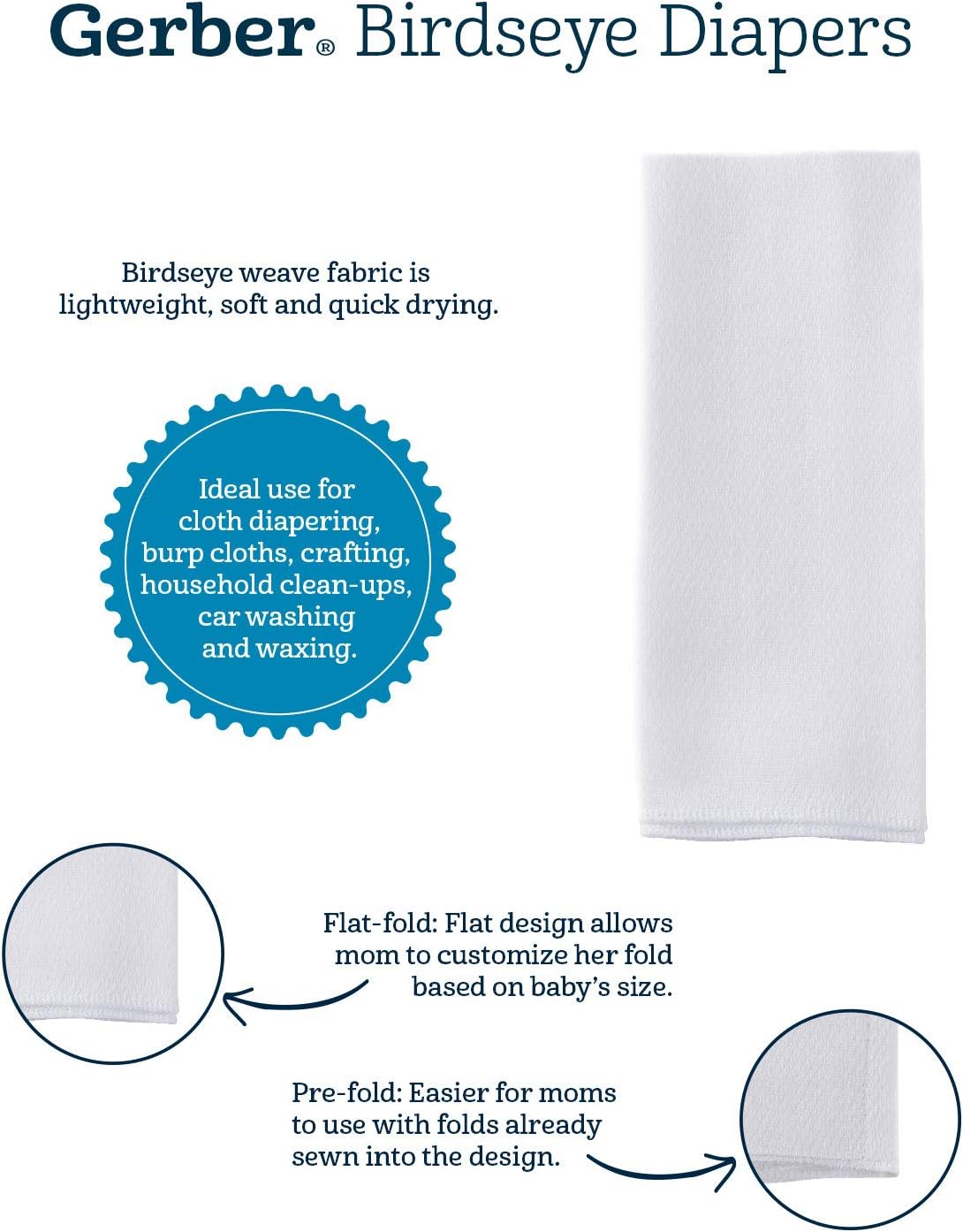 GERBER 10 Count Prefold Birdseye Diaper with Pad, White (Pack of 2) GERBER 10 Count Prefold Birdseye Diaper with Pad, White (Pack of 2)