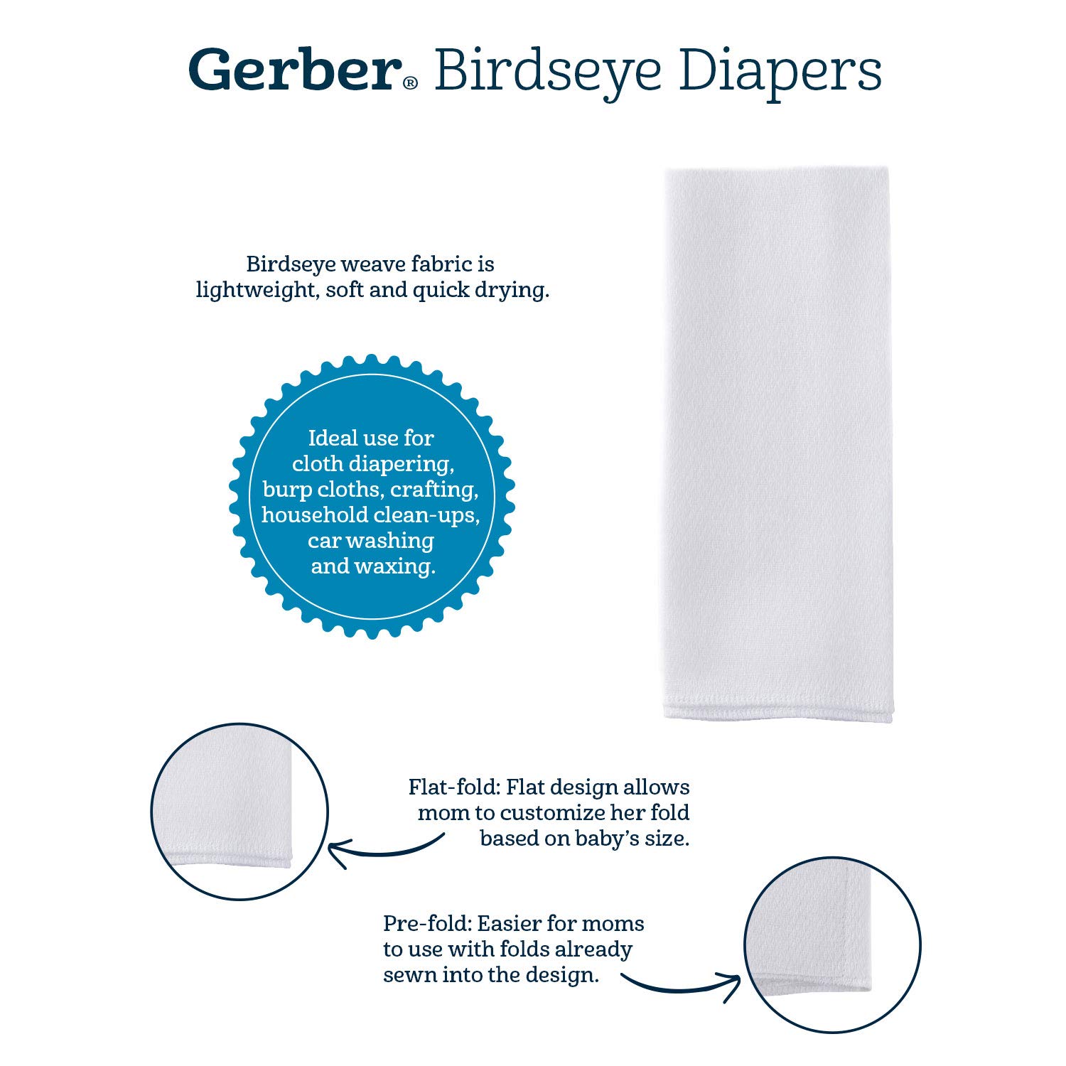 Gerber 5 Count Organic Birdseye Prefold Cloth Diaper, White : Cloth Baby Diapers : Baby