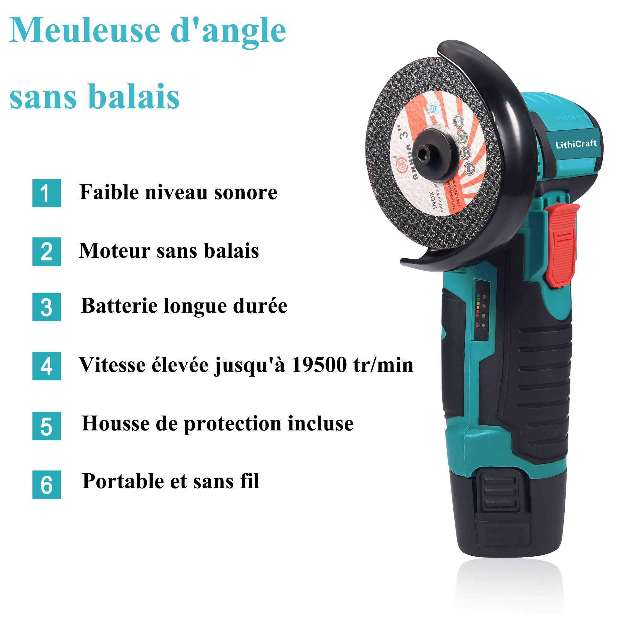Mini Meuleuse d'Angle sans Fil 12V, 76mm Moteur Brushless 19500 tr/min, Avec 2 Batteries 1500mAh & 8 Disques, Outil de Découpe Électrique pour Métal, Bois, Carrelage et PVC