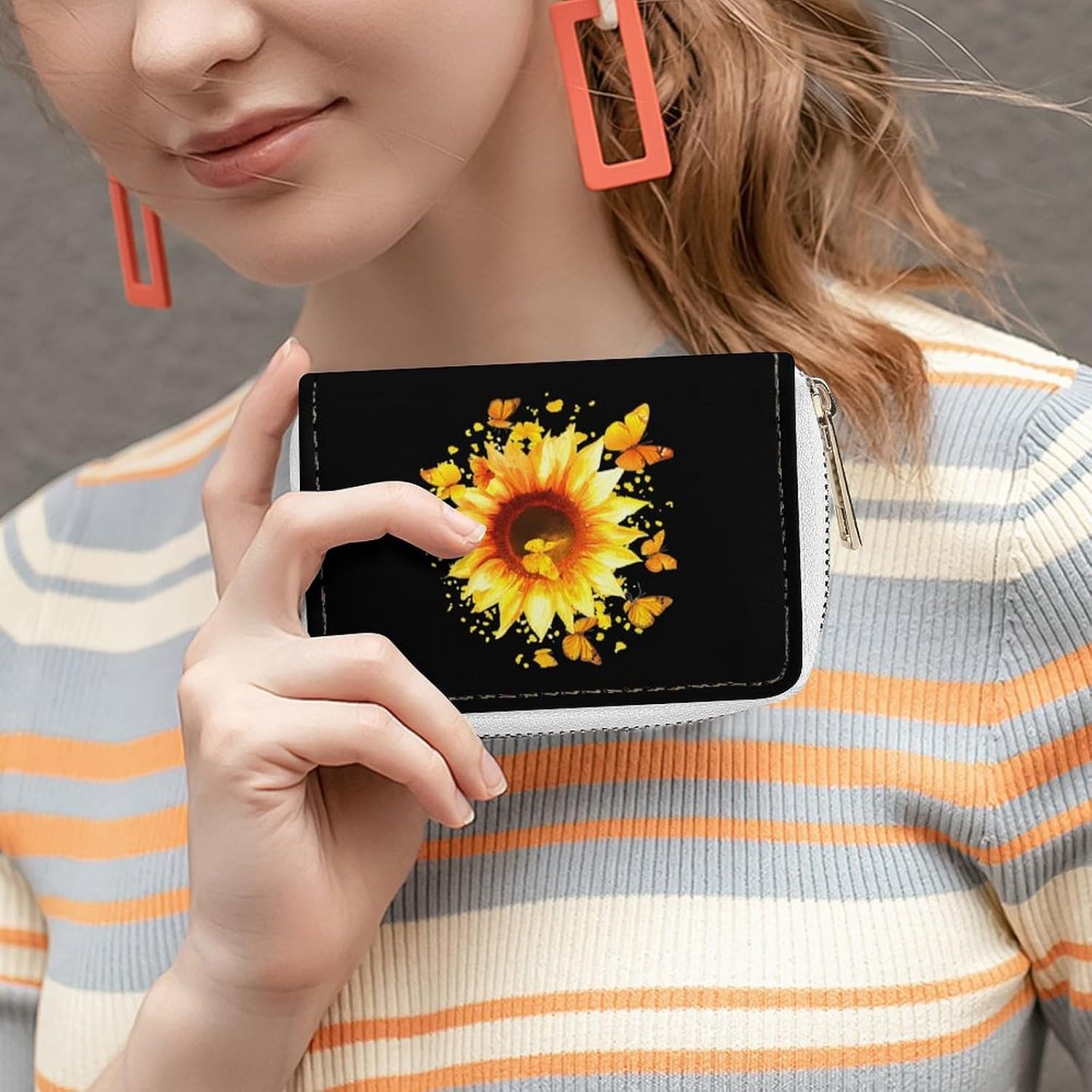 Sunflower with Yellow Butterflies Small Business Credit Card Holder Wallet with 20 Card Slots Case Coin Purse Pouch