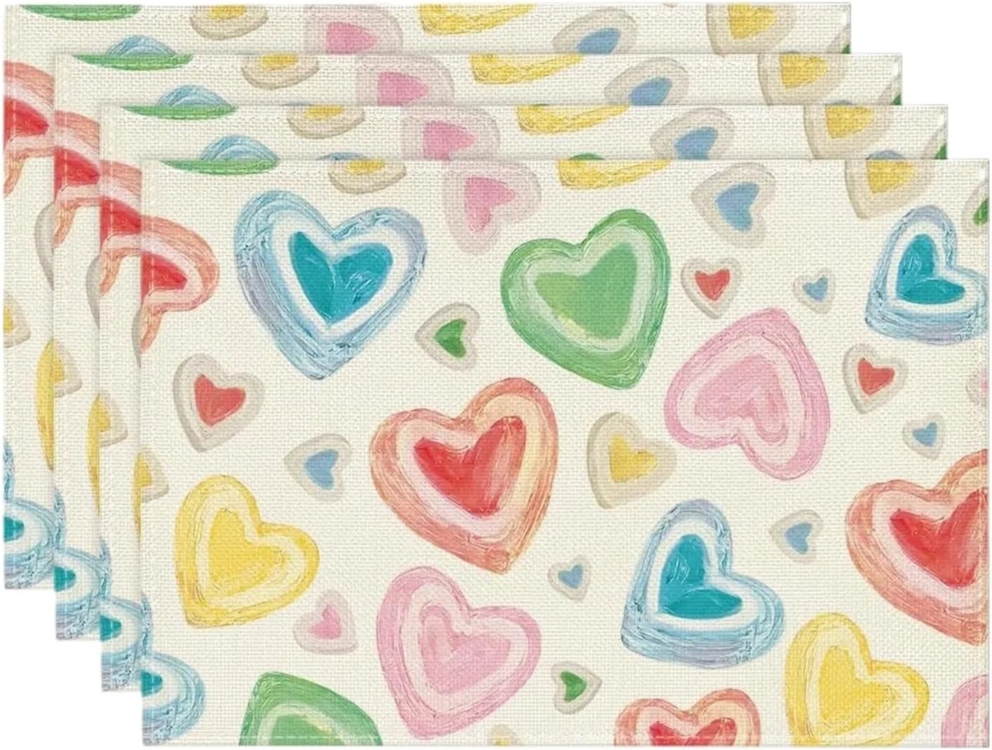 Colorful Valentines Heart Candy Placemats Set of 4, 12x18 Inch Wedding Anniversary Table Mats for Party Kitchen Dining Decor(1p)