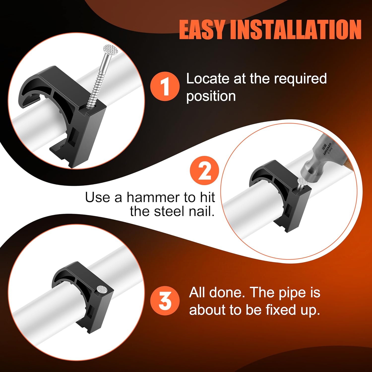 300 PCS 3/4" Half Clamps J-Hook with Nails for PEX, Copper, CPVC Tubing/Pipe Support, Heavy Duty Pipe Support Clamps, Durable Black J-Hooks for Secure Installation by Tavonuxt