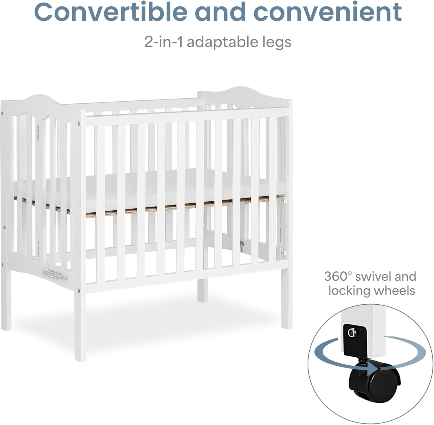 Dream On Me 2-In-1 Lightweight Folding Portable Stationary Side Crib In White, Greenguard Gold Certified, Baby Crib To Playpen, Folds Flat For Storage, Locking Wheels