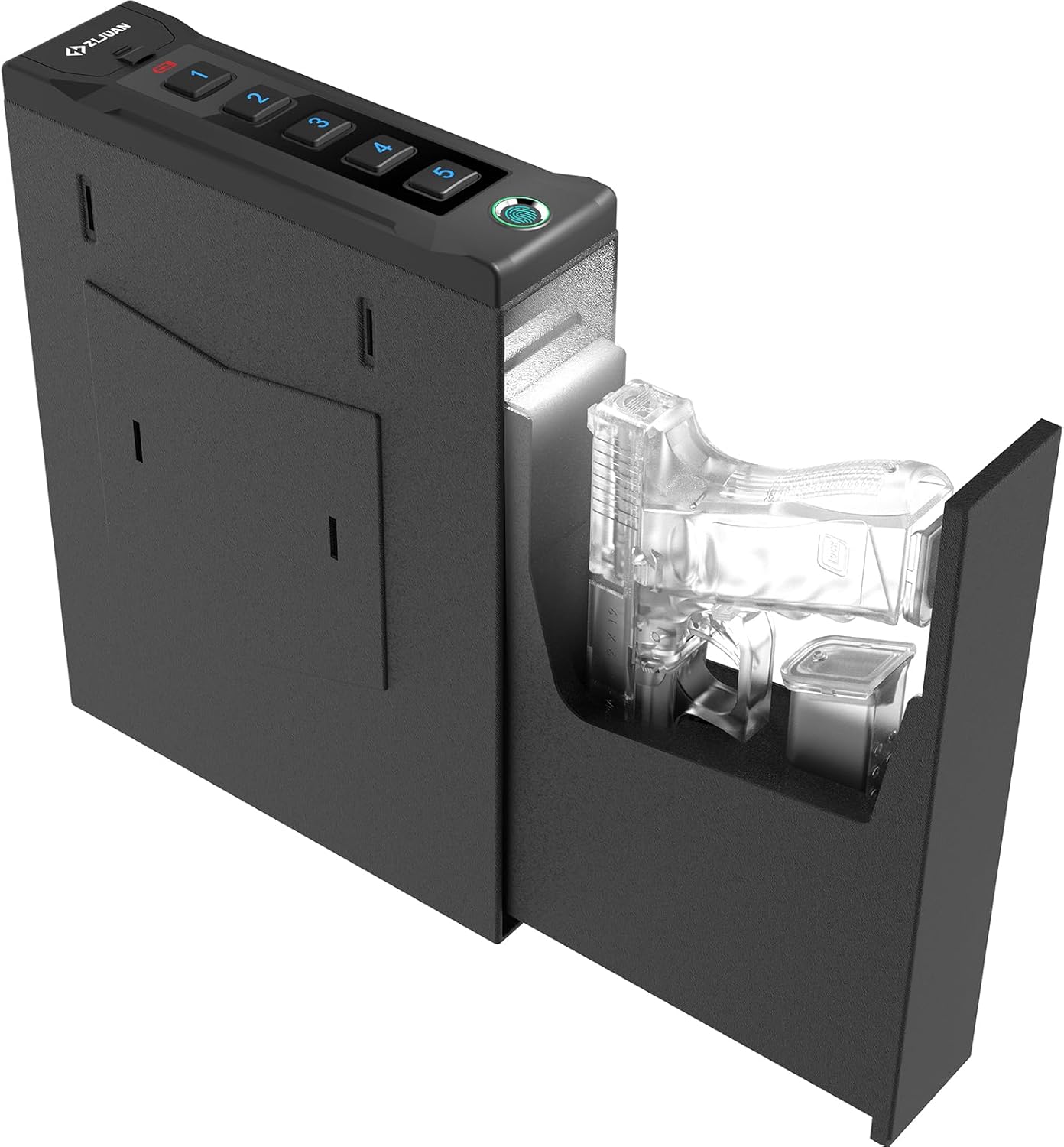 Mounted Gun Safe for Pistols,Quick-Access Auto-Open Sliding Door Handgun Safe for Nightstand Wall Mount Bedside Desk Bed Gun Safes, Pistol Safe w/Biometric Fingerprint,Keypad Lock,Key