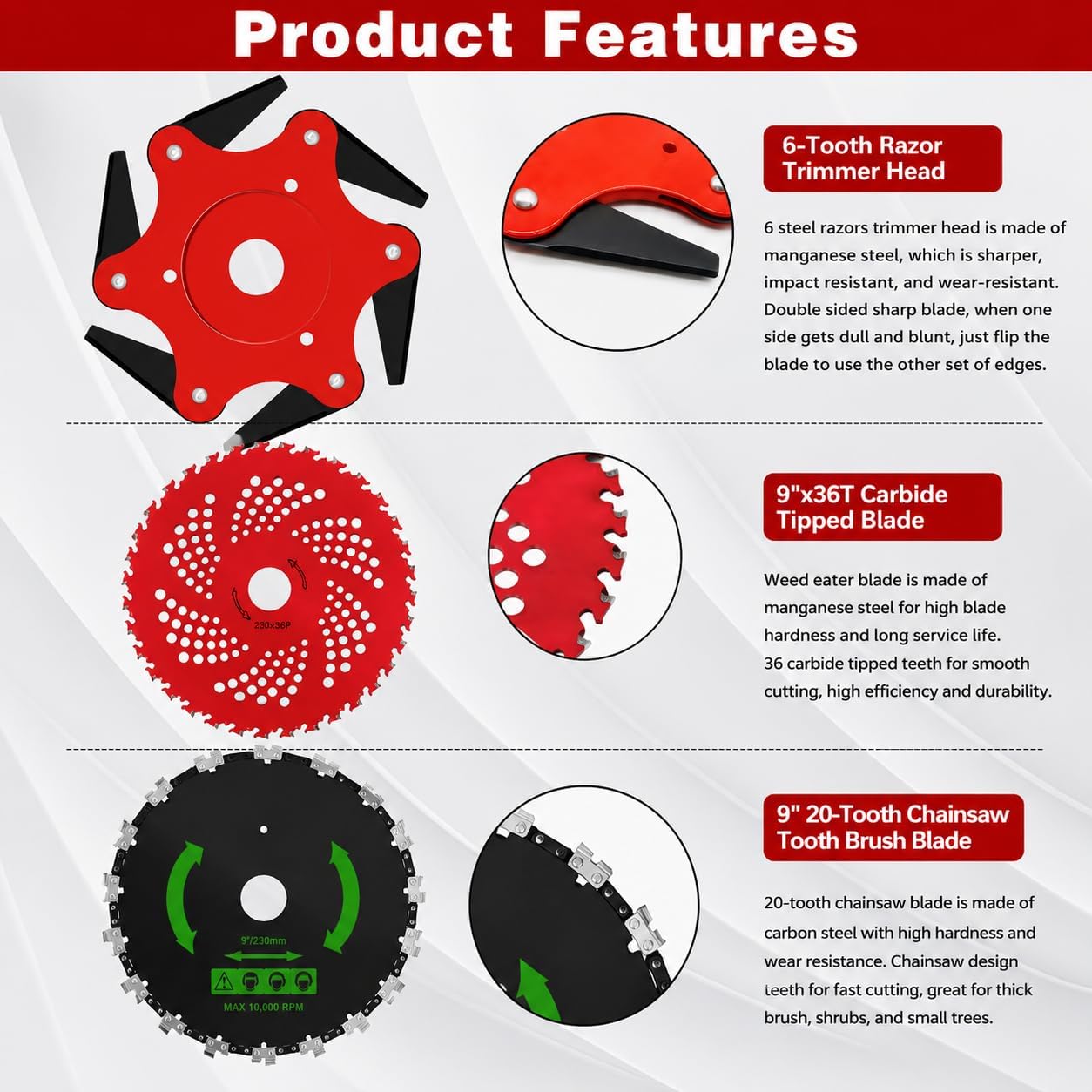 3 in 1 Brush Cutter Blade Set – 65Mn Manganese Steel Saw Disc, 6 Tooth Swing Blade & Tungsten Carbide Blade with Adapter Mounting Kit, Weed Eater & Trimmer Blades