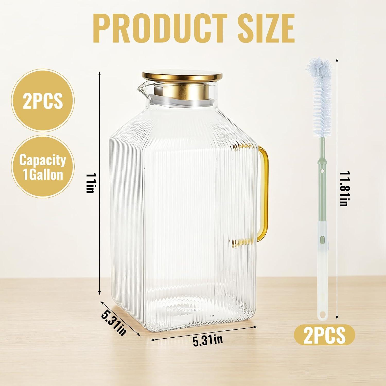 2 Pack Square Glass Pitcher with Lid, 1 Gallon Glass Iced Tea Pitcher with Handle, Extra Large Water Carafe Jug with Cleaning Brushes for Iced Tea, Juice & Lemonade