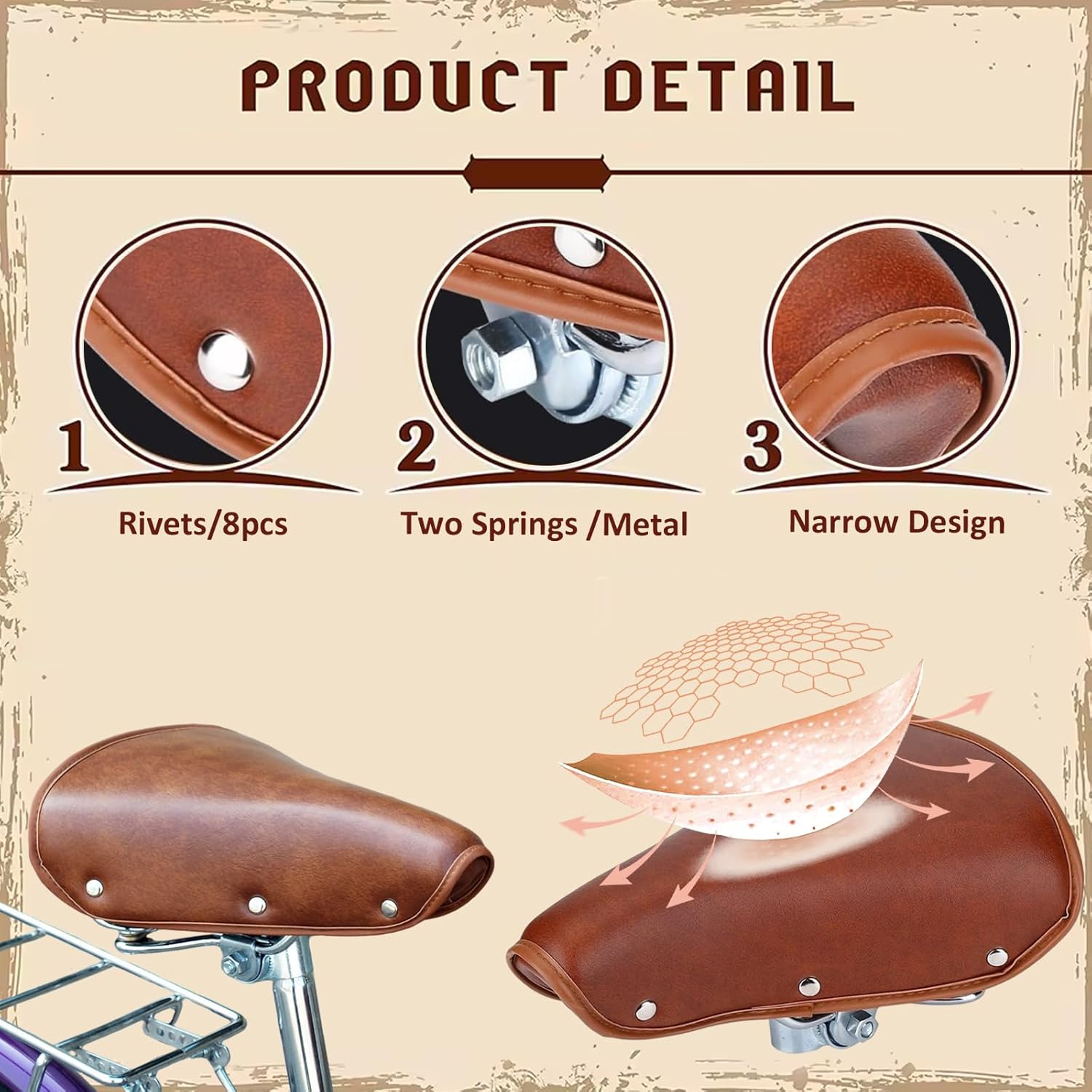Bike Seat Cushion for Men Women, Waterproof PU Leather Brown Bike Seat Classic Comfort Retro Rivet Spring Cushion for Adults Kids