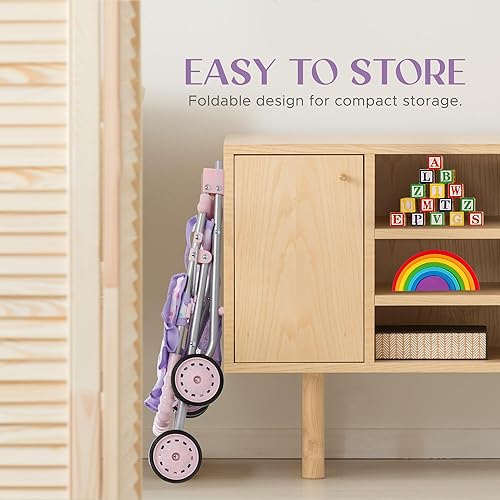 Miniatura 5 de Dolls To Play Cochecito de muñeca de bebé para niñas, juguete de juguete para niños, carrito plegable con toldo cesta de almacenamiento, bolsa de