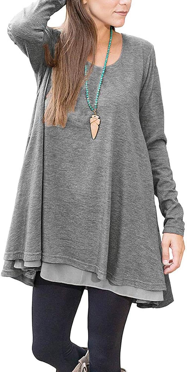 Poetsky Women's Long Sleeve Solid Color Tunic Tops Layered Casual Loose Blouse Shirts