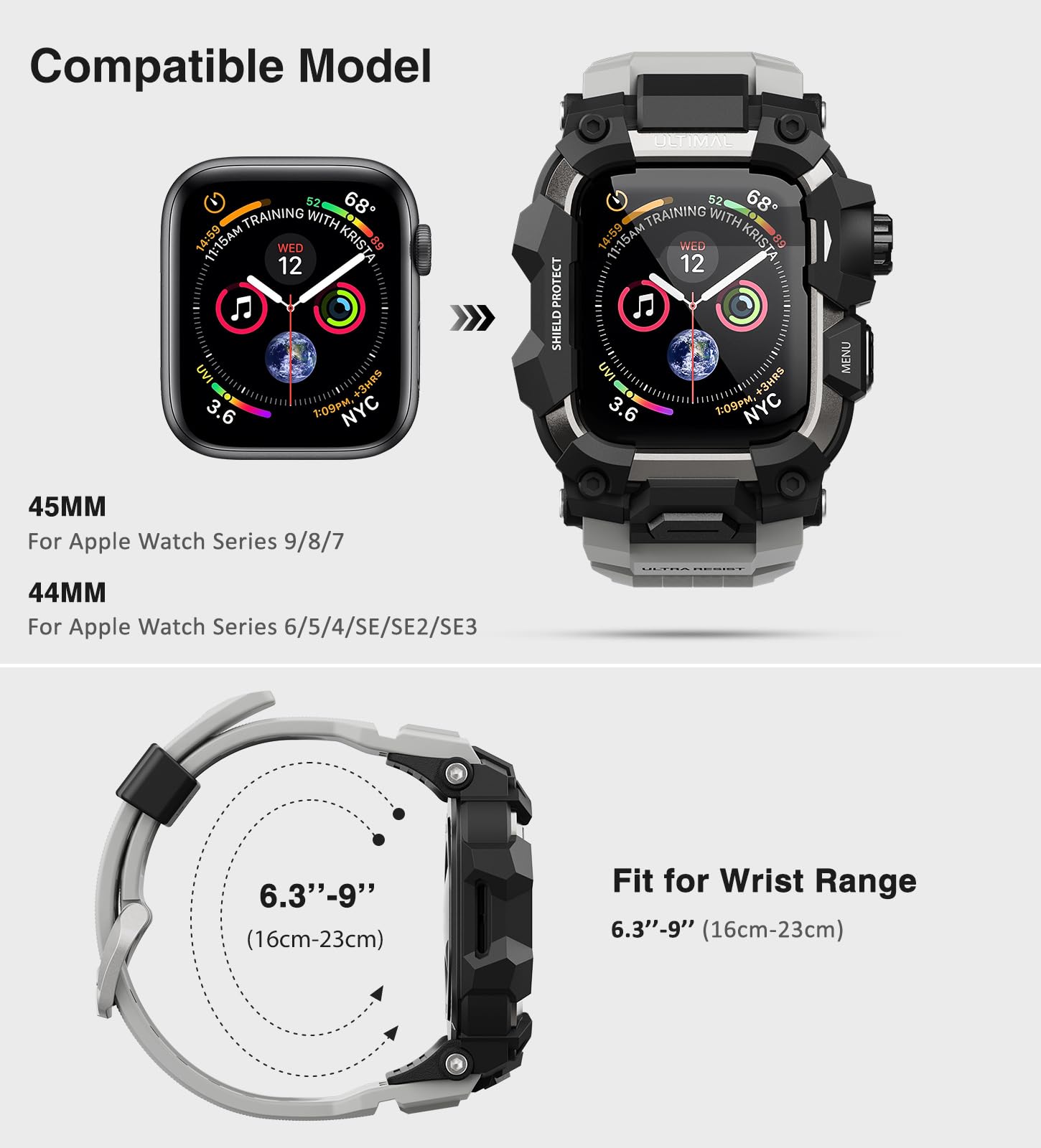 ULTIMAL Etui z paskiem i folią pancerną do Apple Watch 49 mm, 3 w 1, sportowy pasek do Apple Watch Ultra/Ultra 2, certyfikat wojskowy, odporny na uderzenia pokrowiec ochronny do iWatch